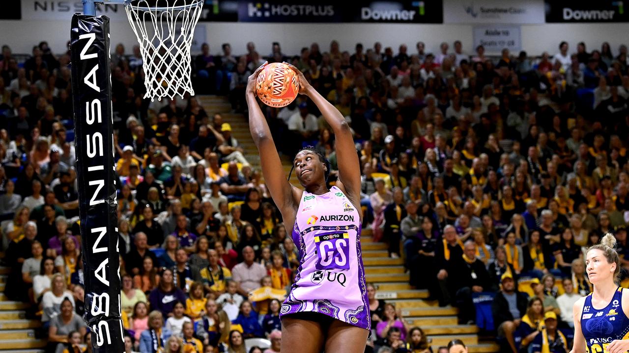 Romelda Aiken of the Firebirds in action during the round six Super Netball against the Sunshine Coast Lightning. Photo: Getty Images