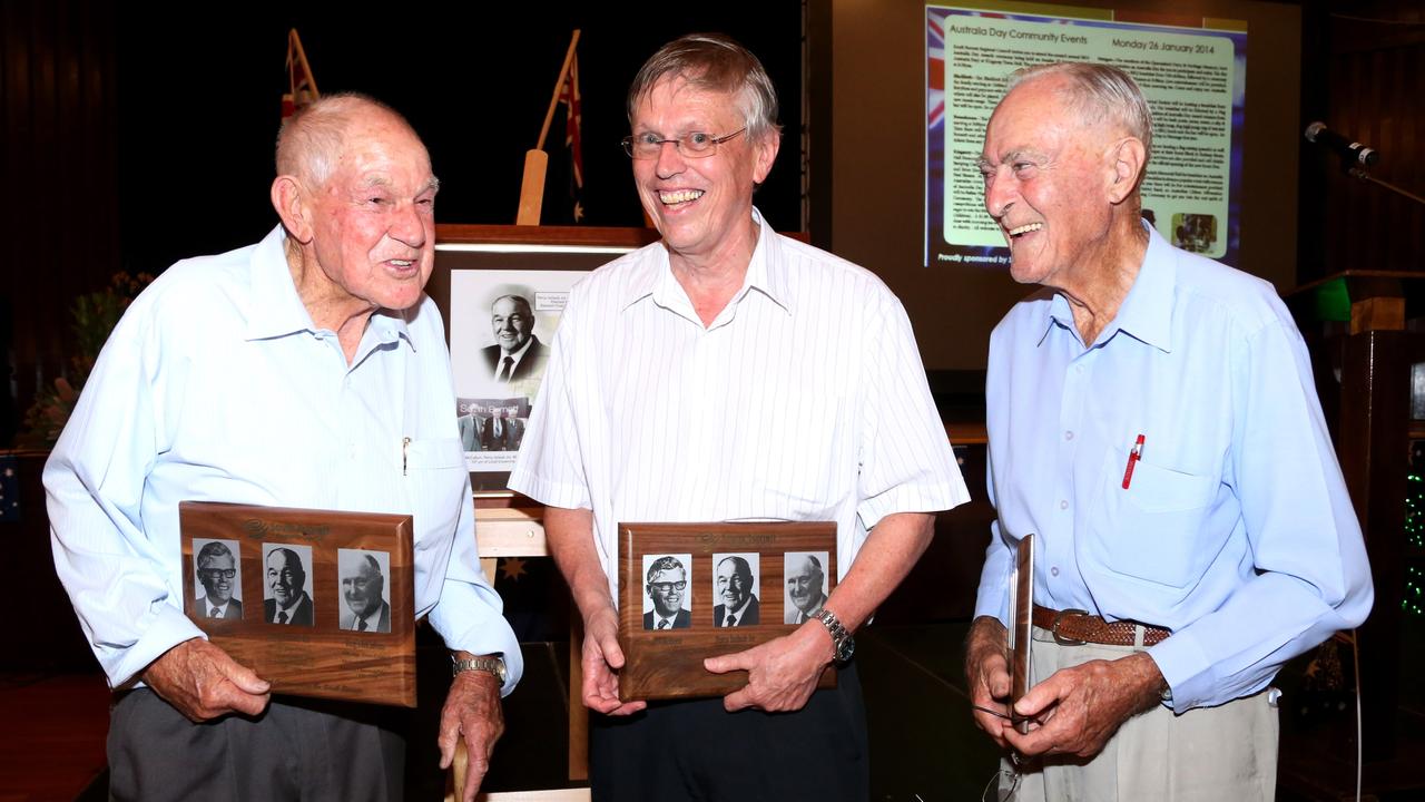 SERVICE CELEBRATION: Reg McCallum, Percy Iszlaub and Scott Roberts, on behalf of his father Bill Roberts, receive special awards for a combined total of 108 years of service to the Nanango, Wondai and Murgon Shire Councils. Photo Tessa Mapstone / South Burnett Times