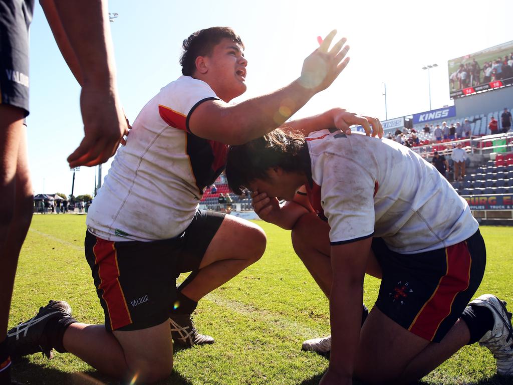 NSW CIS celebrate their win in the under 15 ASSRL schoolboy rugby league championship grand final between NSW CHS v NSW CIS from Moreton Dailey Stadium, Redcliffe. Picture: Zak Simmonds