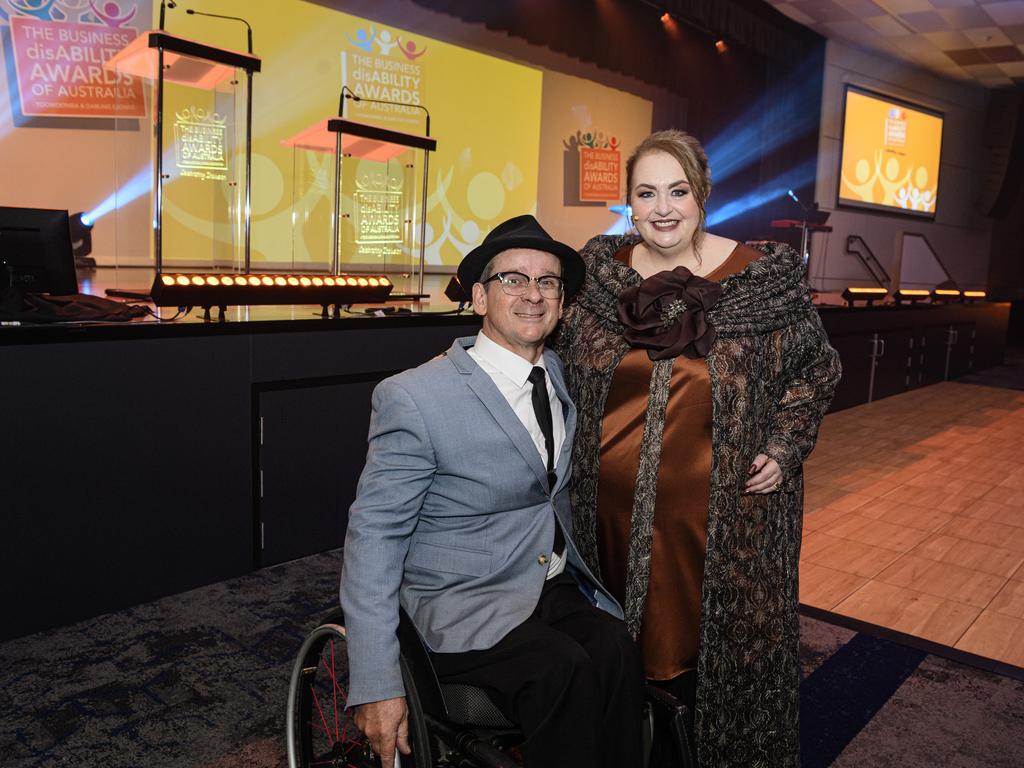 Entertainer Tony Dee with MC Kim Stokes at the Business disAbility Awards of Australia at Edmund Rice Cultural Centre, Saturday, May 17, 2025. Picture: Kevin Farmer