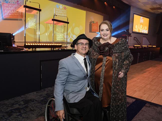 Entertainer Tony Dee with MC Kim Stokes at the Business disAbility Awards of Australia at Edmund Rice Cultural Centre, Saturday, May 17, 2025. Picture: Kevin Farmer