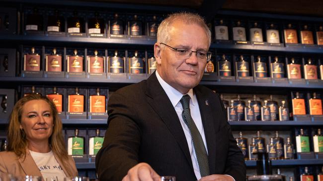 Prime Minister Scott Morrison in the electorate of Lyons visiting the Lark Distillery. Picture: Jason Edwards