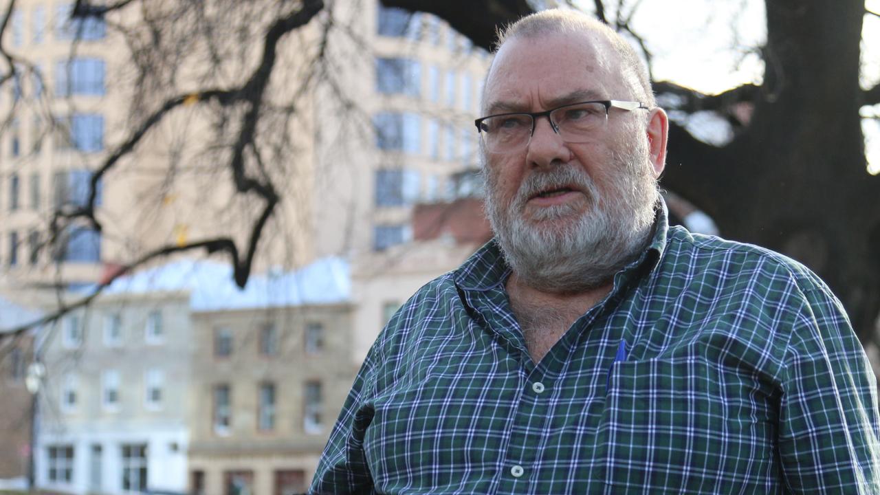 Forestry advocate Terry Edwards speaks to the media on Parliament Lawns in Hobart on Friday, July 14, 2023.