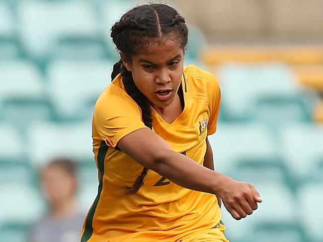 SYDNEY, AUSTRALIA - MARCH 16:  Mary Fowler of Australia takes a shot at goal during the International match between the Young Matildas and Thailand at Leichhardt Oval on March 16, 2018 in Sydney, Australia.  (Photo by Jason McCawley/Getty Images)