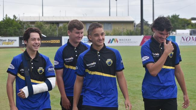 Noah Levitz (L), Tom Kelly, Ty Ison and Bailey Anderson won the Crocs to Cane Toads carnival for the Souths Sharks and will be challenging for the RLMD U15s premiership, July 2, 2021. Picture: Matthew Forrest