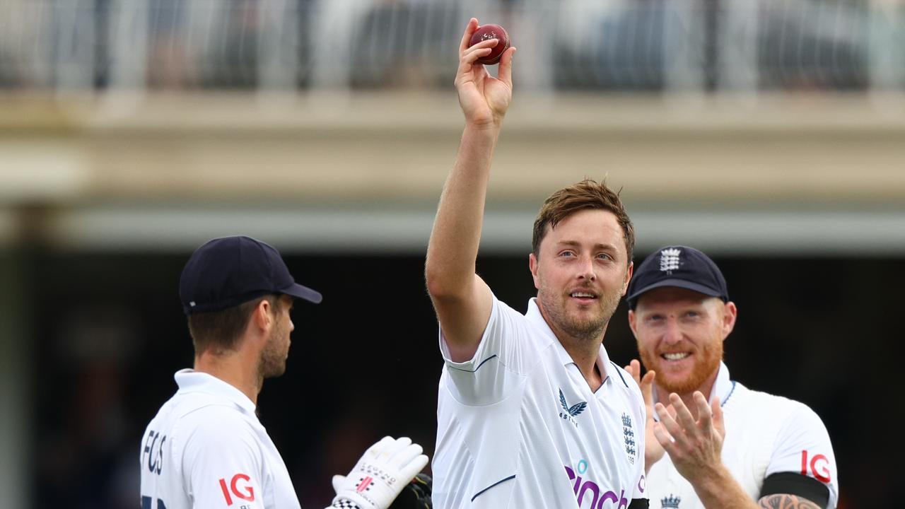 Ollie Robinson of England celebrates the wicket of Marco Jansen. Photo by Clive Rose/Getty Images