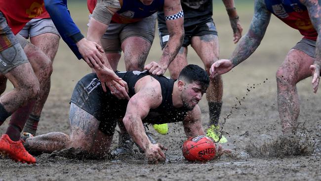 East Burwood's Matt Mariani hunts the ball in the 2019 grand final. Picture: Andy Brownbill