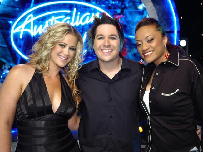 Kate DeAraugo (left) with fellow Australian Idol finalists Lee Harding and Emily Williams in 2005. DeAraugo won the competition.