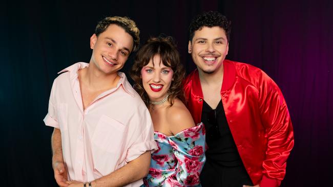 Queenslanders Mat Verevis (Lysander) and Loren Hunter (Hermia) with Jason Arrow (Demetrius) representing three of the nine musical theatre stars announced for an all-new adaptation of the Australian hit musical The Lovers. Picture: Joel Devereux