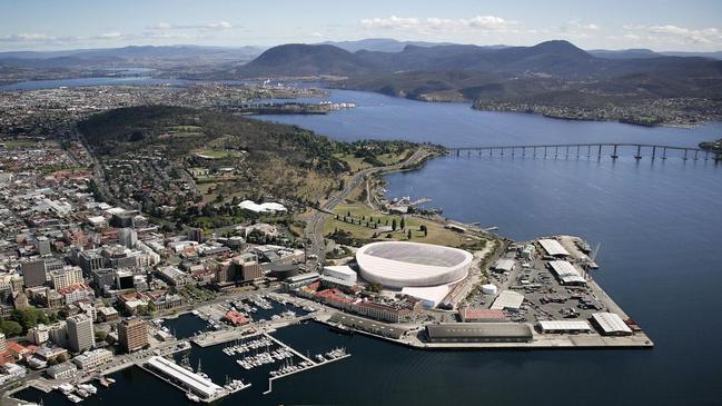 An artist’s impression of Hobart’s new stadium at Macquarie Point. Image supplied by AFL