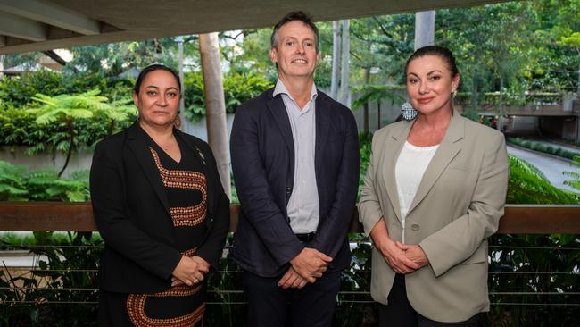 Aboriginal and Torres Strait Islander Social Justice Commissioner Katie Kiss, Queensland Human Rights Commissioner Scott McDougall and Queensland Aboriginal and Torres Strait Islander Commissioner Natalie Lewis at the Bandarran Marra'Gu Gathering Strength Summit 2025. Picture: Lewis Bin Doraho