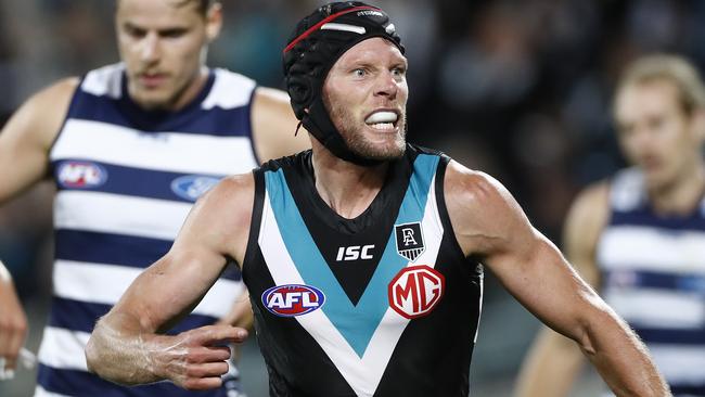 Brad Ebert celebrates a crucial goal against Geelong in the qualifying final. Picture: Ryan Pierse/Getty Images