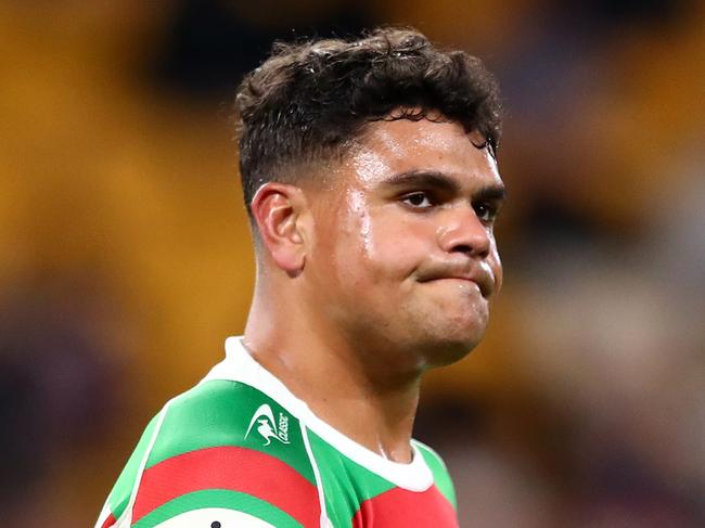 BRISBANE, AUSTRALIA - AUGUST 27:  Latrell Mitchell of the Rabbitohs reacts after being sent to the sin-bin for a high tackle on Joseph Manu of the Roosters during the round 24 NRL match between the Sydney Roosters and the South Sydney Rabbitohs at Suncorp Stadium on August 27, 2021, in Brisbane, Australia. (Photo by Chris Hyde/Getty Images)