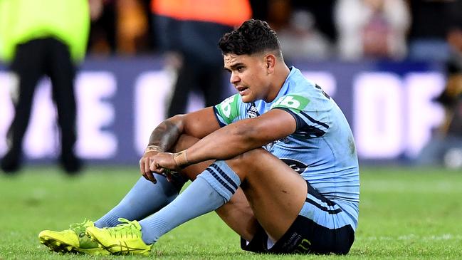 Latrell Mitchell reacts after the match. Picture: Bradley Kanaris/Getty Images