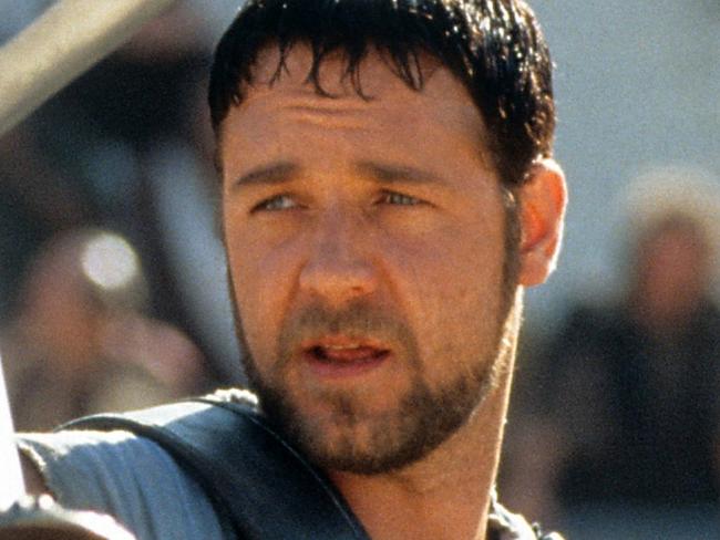 Russell Crowe facing off against another man in a scene from the film 'Gladiator', 2000. (Photo by Universal/Getty Images)