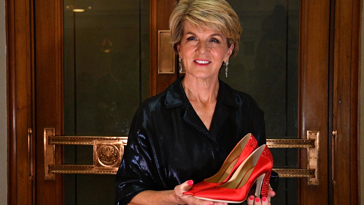 Former foreign minister Julie Bishop donates her red high heel shoes to the Australian Museum of Democracy at Old Parliament House in Canberra, ACT, in 2018. Picture: AAP