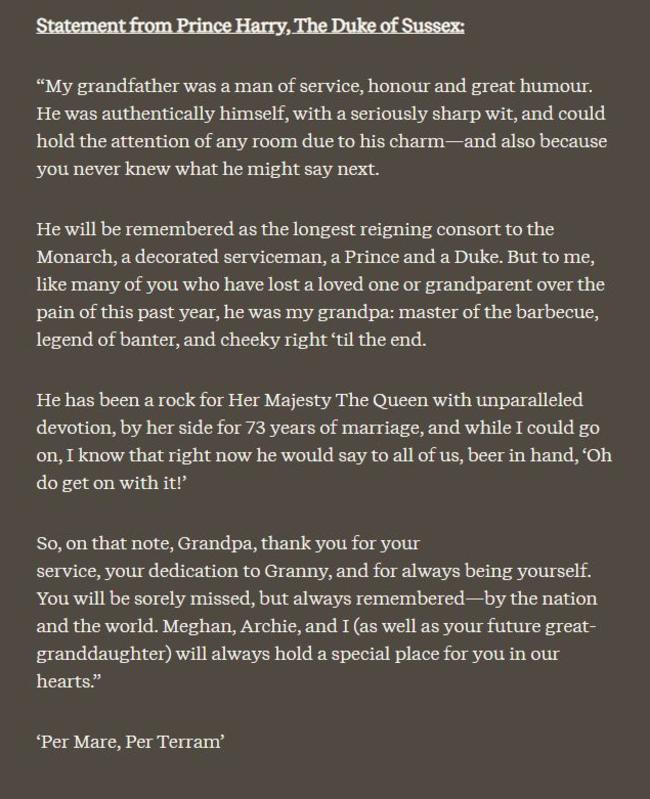 Prince Harry's touching statement on his grandfather's death.