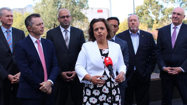 Michelle Rowland speaks about the proposed move at Paul Keating Reserve, Bankstown, flanked by Watson MP Tony Burke, Blaxland MP Jason Clare,  Mayor Khal Asfour, Chris Gambian, Labor candidate for Banks, Christopher Brown, Chairman, Western Sydney Leadership Dialogue and Professor Barney Glover, Vice-Chancellor, Western Sydney University.