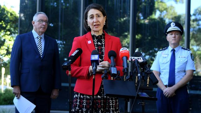 NSW Premier Gladys Berejiklian along with Health Minister Brad Hazzard (left) and Police Commissioner Mick Fuller have been working tirelessly during this pandemic. Picture: AAP.