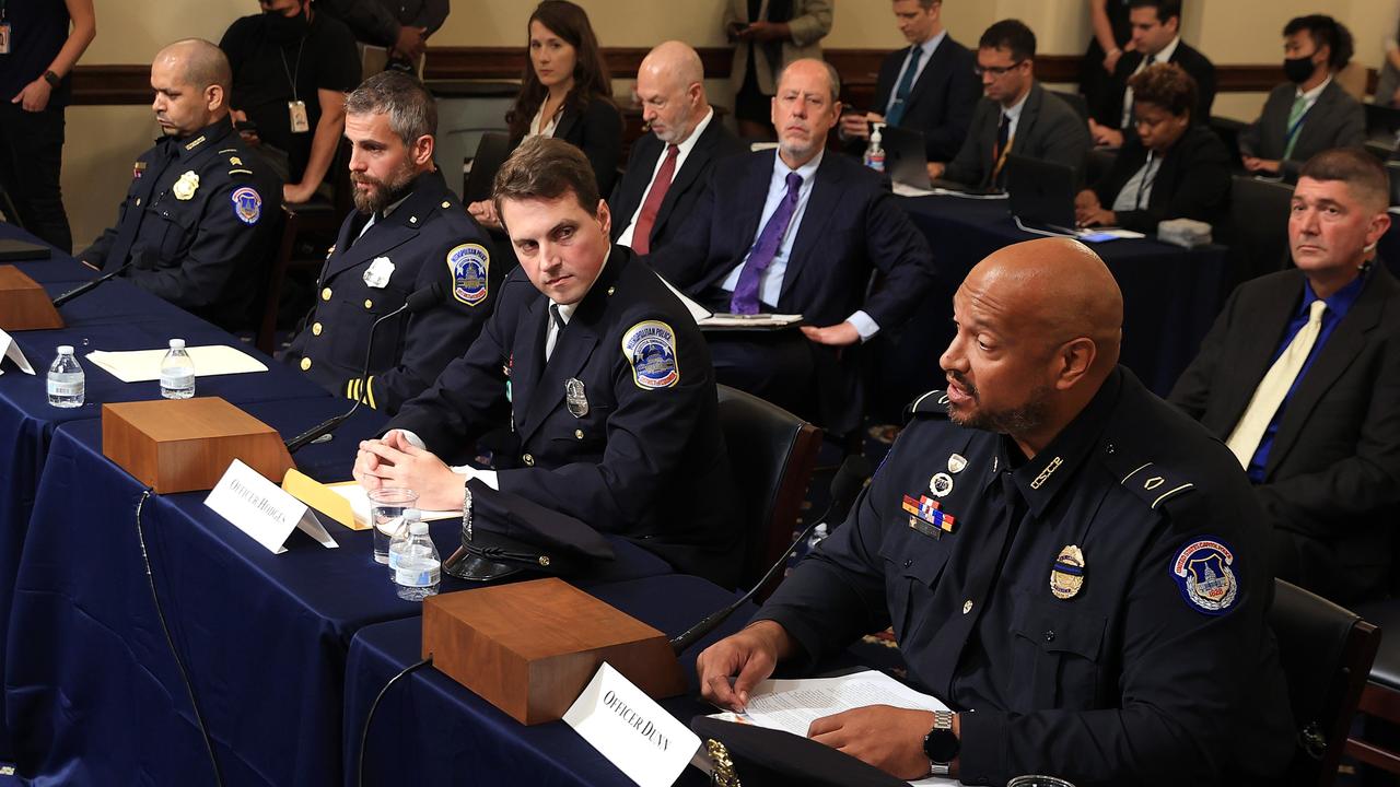 From left to right: Aquilino Gonell, Michael Fanone, Daniel Hodges and Harry Dunn. Picture: Chip Somodevilla/Getty Images/AFP