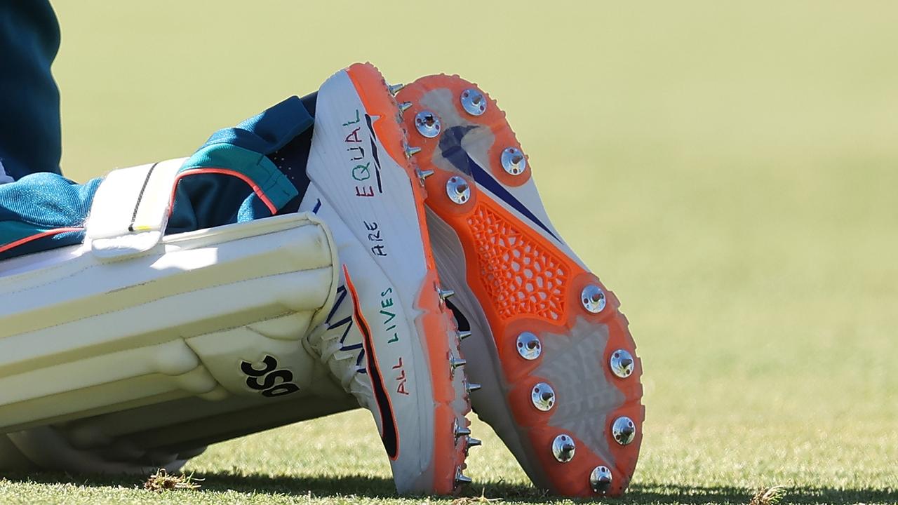 Khawaja’s shoes, pictured in training before the Test, displaying the messages. Picture: Getty