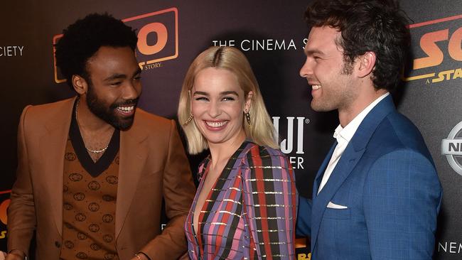 Actors Donald Glover, Emilia Clarke and Alden Ehrenreich at a screening of Solo: A Star Wars Story in New York City. Picture: Getty