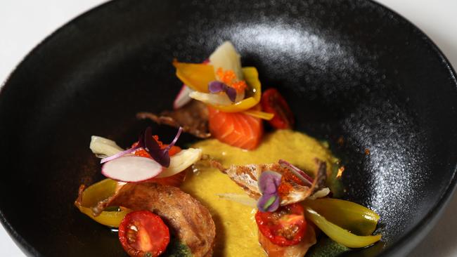 Fenugreek cured salmon, yellow onions, tarragon oil and fish roe at Tamarind. Picture: Stewart McLean