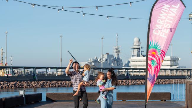 James and his son Archer, and Sarah and her daughter Ruby getting ready for Darwin Festival at the Waterfront, with the DJ Guru Dudu silent disco. Picture: Pema Tamang Pakhrin