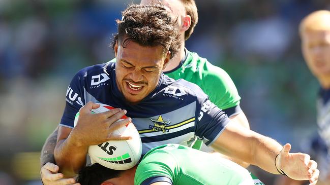 Jeremiah Nanai of the Cowboys is tackled during the NRL Pre-season challenge match between Canberra Raiders and North Queensland Cowboys at Seiffert Oval on February 25, 2024 in Queanbeyan, Australia. (Photo by Mark Nolan/Getty Images)