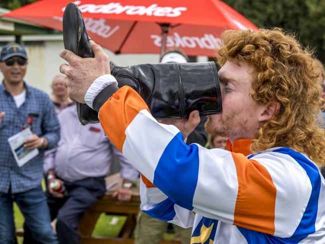 Larrikin jockey Thomas Doyle and his famous mullet. Picture: Rob Burnett Photography.