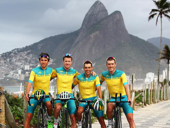 Scott Bowden, Simon Clarke, Richie Porte and Rohan Dennis at Ipanema Beach. Picture. Brett Costello