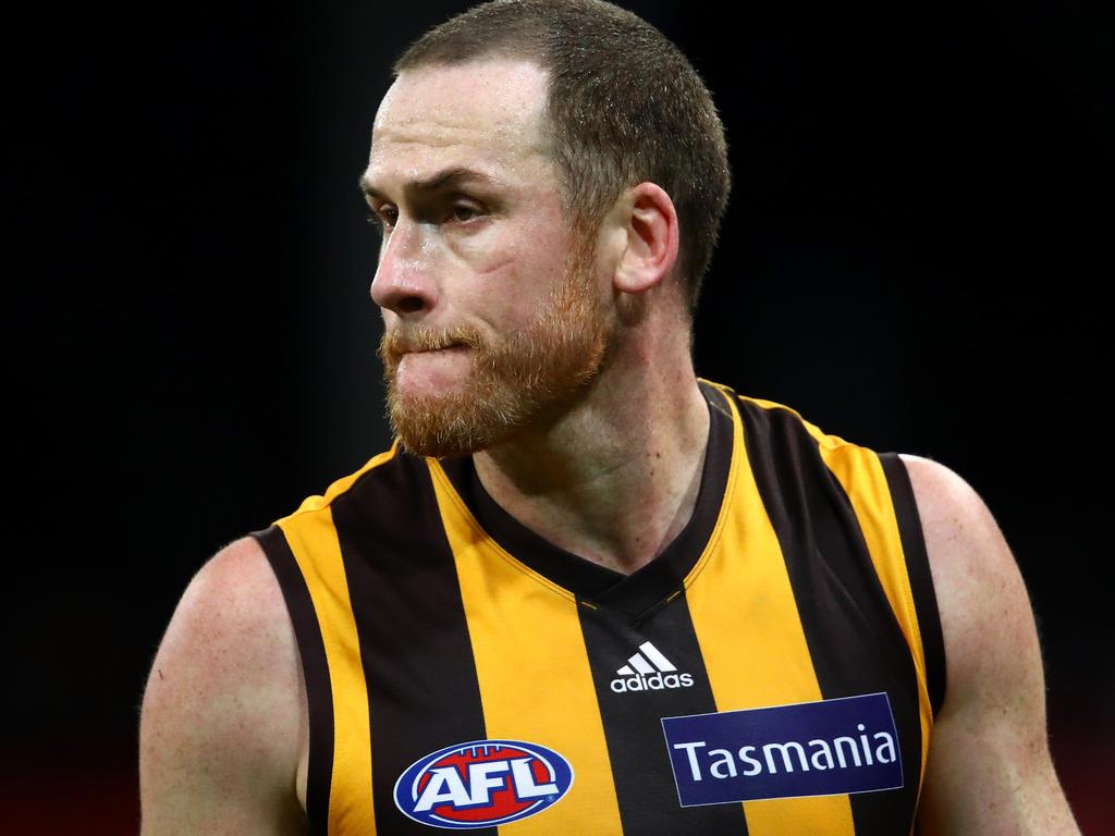 SYDNEY, AUSTRALIA - JUNE 30:  Jarryd Roughead of the Hawks looks dejected after losing the round 15 AFL match between the Greater Western Sydney Giants and the Hawthorn Hawks at Spotless Stadium on June 30, 2018 in Sydney, Australia.  (Photo by Cameron Spencer/Getty Images)