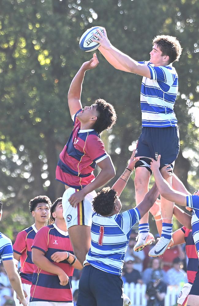 Adam Latham wins lineout ball in the grand final. GPS first XV rugby grand final, Nudgee College Vs BSHS. (Check caption) Saturday September 7, 2024. Picture, John Gass