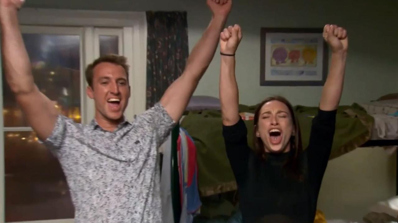 Jesse and Mel are pretty stoked. They won The Block’s first challenge — the guest bedroom — and raked in $140,000 in prize money, which they chose not to tell the others about. Picture: The Block