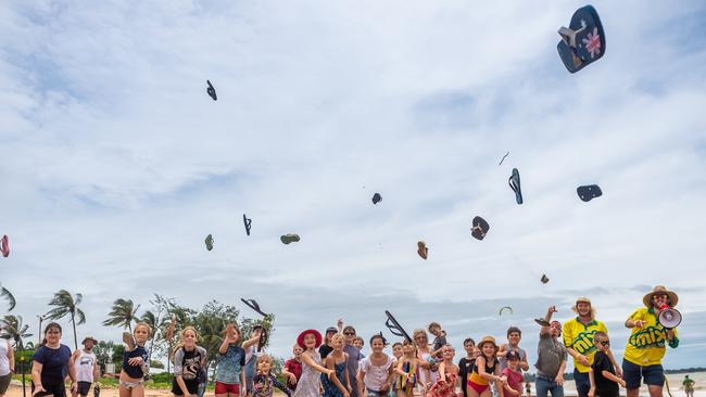 A thong throwing competition was one of the highlights of Australia Day celebrations at the Darwin Trailer Boat Club. Picture: Che Chorley