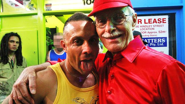 Gang leader Vince Focarelli with father Giuseppe at the front of his Hindley Street tattoo parlour 13 Mar 2009. Picture: Andrea Laube