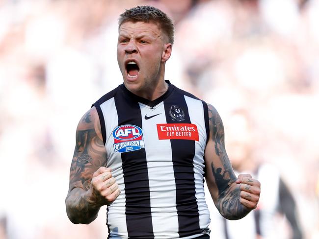 MELBOURNE, AUSTRALIA - SEPTEMBER 30: Jordan De Goey of the Magpies celebrates a goal during the 2023 AFL Grand Final match between the Collingwood Magpies and the Brisbane Lions at the Melbourne Cricket Ground on September 30, 2023 in Melbourne, Australia. (Photo by Dylan Burns/AFL Photos via Getty Images)