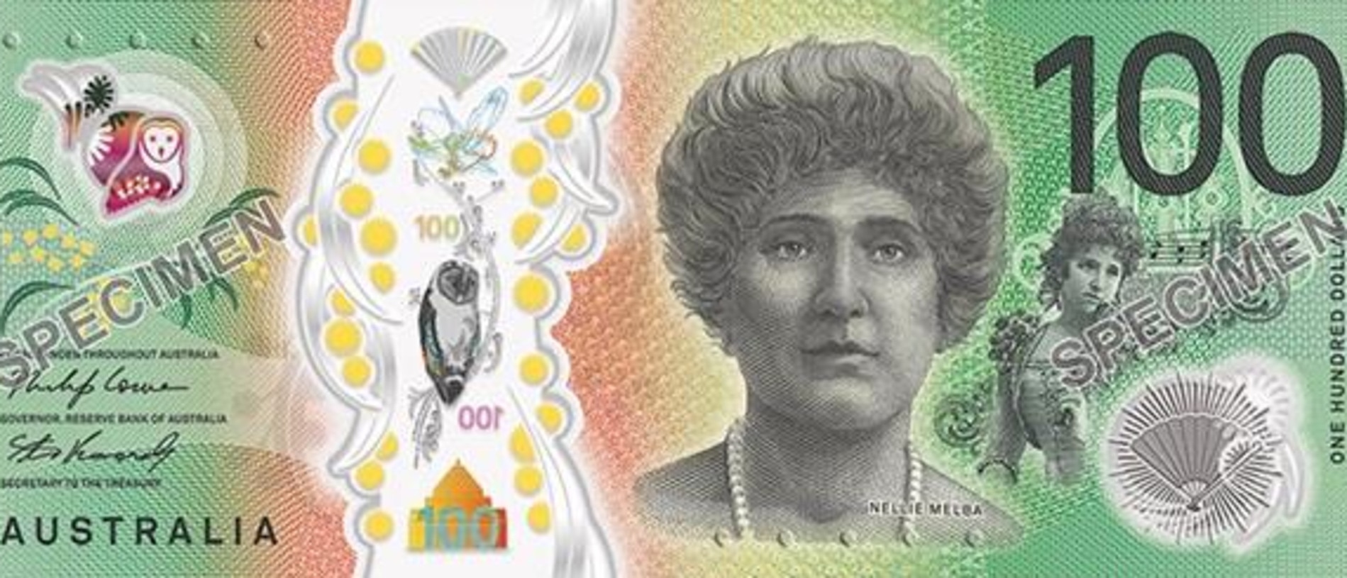 The new $100 banknote showing Dame Nellie Melba and the Australian masked owl. Picture: supplied