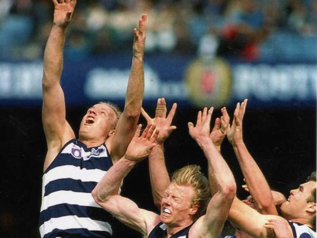 John Barnes flies over the pack at a Geelong vs North Melbourne match at the MCG on September 24, 1994. Picture: Darren Tindale