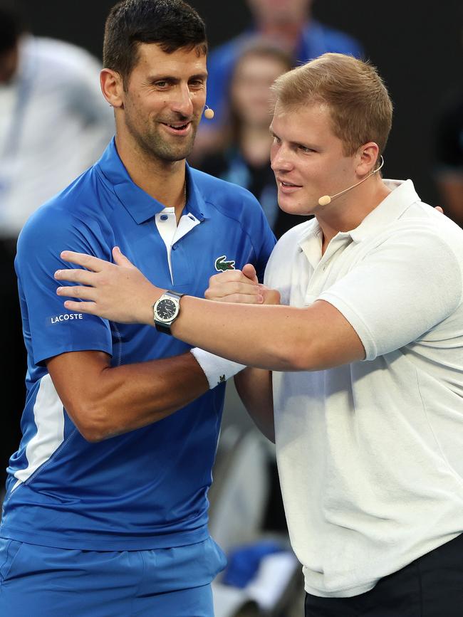 Djokovic with Jackson Warne. Picture: Mark Stewart