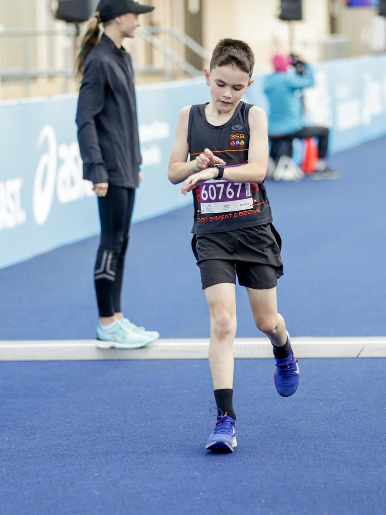 Aiden Kelly wins the Two Kilometre Junior Dash. Picture: Tim Marsden.