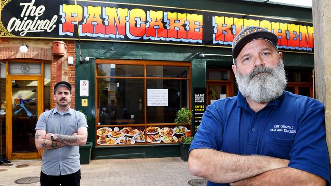 Original Pancake Kitchen owner Mark Sandgren (right) and general manager Josh Whitford want COVID-19 restrictions eased for businesses. Picture: Mark Brake