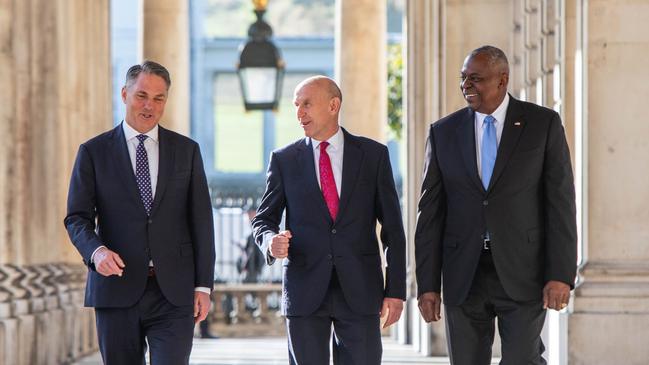 Australia Deputy Prime Minister and Defence Mininster Richard Marles (left), meets counterparts, UK Defence Secretary John Healey (centre), and US Secretary of Defense Lloyd Austin III (right) at the first trilateral AUKUS meeting to be held outside of the United States, at the Old Royal Naval College, Greenwich UK.