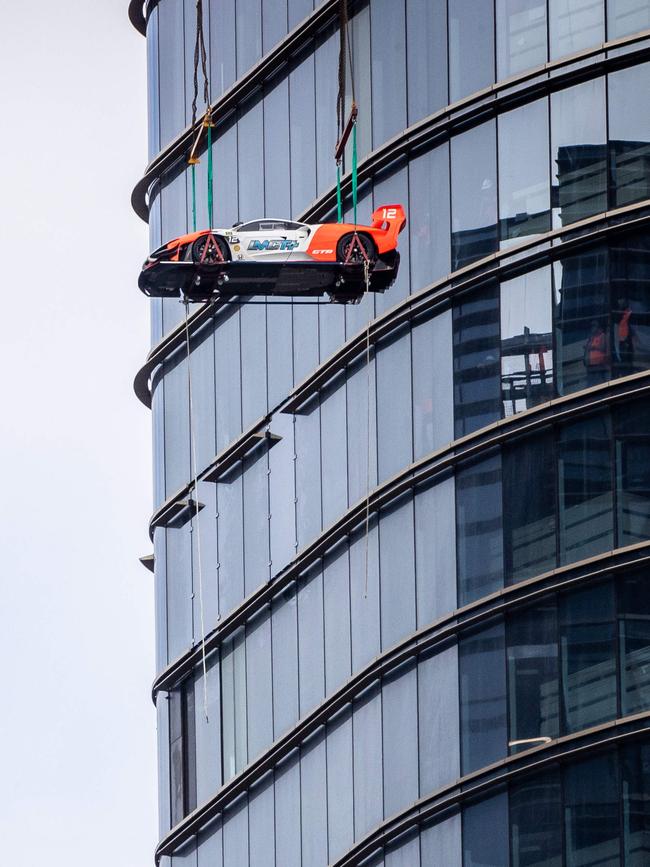 The McLaren Senna GTR suspended in the air. Picture: Jake Nowakowski