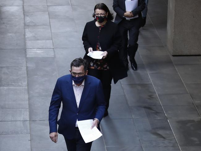 MELBOURNE, AUSTRALIA - NewsWire Photos SEPTEMBER 11, 2020:   Victorian Premier Daniel Andrews and the Minister for Health, Jenny Mikakos arrive to speak to the media during a press conference in Melbourne, Victoria. Picture: NCA NewsWire / Daniel Pockett