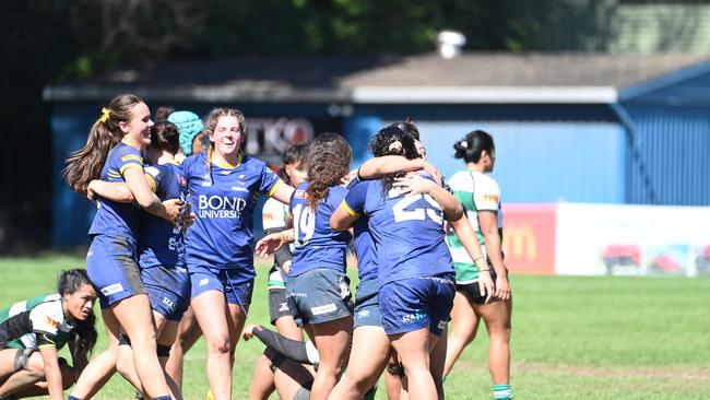 Bond players celebrate a win Club rugby women's semi-final Sunnybank v Bond. Saturday August 12, 2023. Picture, John Gass