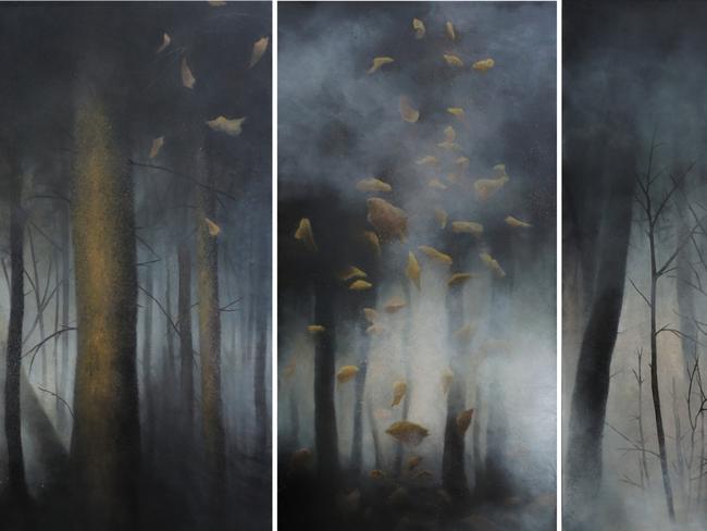 Hannah Kay, Into the Woods (detail) 2032Oils and tempera on rice paper150 x 70 cm per panel, 19 panels in total