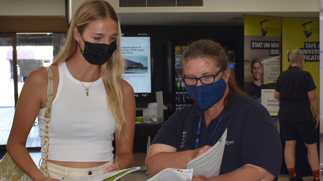 Lydia Mezzen,18, from South Mackay (left) and CQ Allied Health teacher Megan Sutton at CQ University TAFE Expo. Ms Mezzen is interested in completing a Bachelor of Allied Health at CQU. On her gap year last year she worked for a cleaning business when she discovered her interest in working for the NDIS and helping care for people: Picture: Madeleine Graham