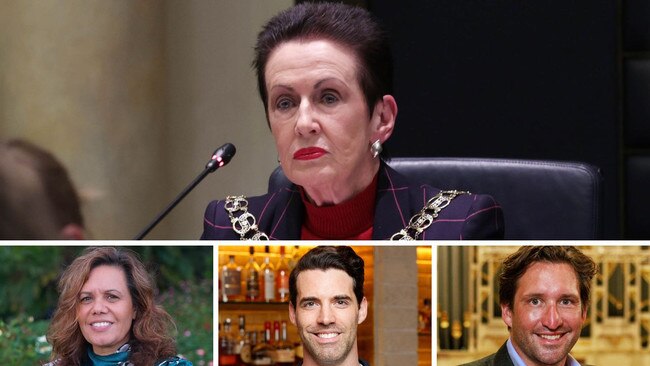 Clockwise from main: Sydney City’s Lord Mayor Clover Moore addresses council at the Town Hall on Monday night; Liberal candidate Lyndon Gannon; Labor candidate Zann Maxwell; independent candidate Yvonne Weldon.