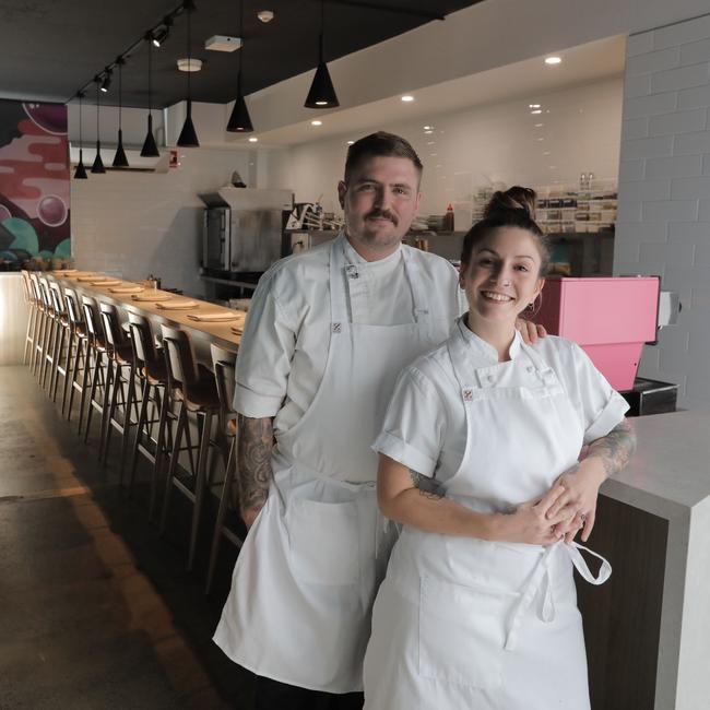 Tim and Sarah Scott at their new restaurant Joy in Bakery Lane off Ann St in Fortitude Valley. Picture: Mark Cranitch.